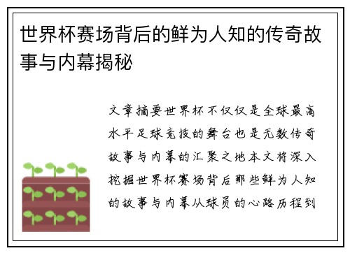 世界杯赛场背后的鲜为人知的传奇故事与内幕揭秘
