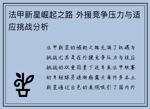 法甲新星崛起之路 外援竞争压力与适应挑战分析